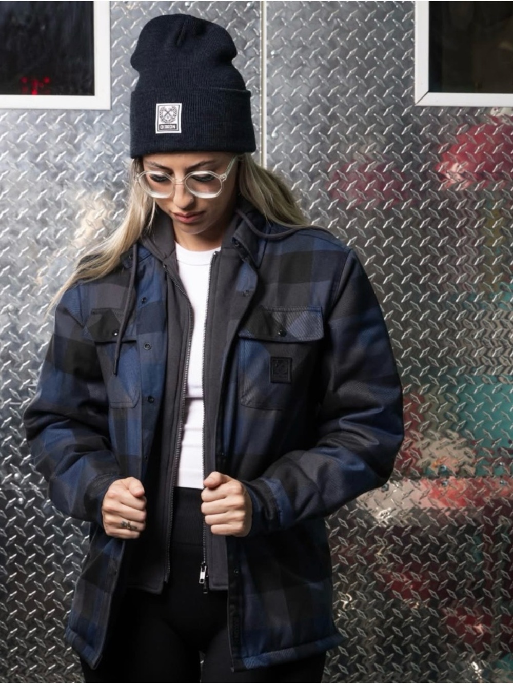 Dixxon Women’s Overtime Hooded Navy Plaid Work Jacket Size L New - Rare!
